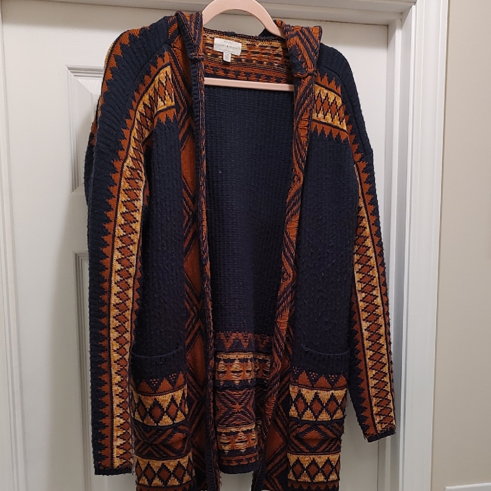 Lucky Brand Hooded Open-Front Cardigan in Navy, Rust, and Cream
